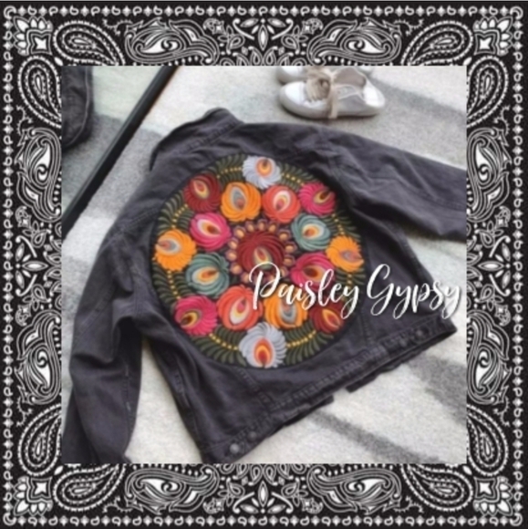 Black Denim Floral Embroidered Oversized Jacket - Picture 7 of 15